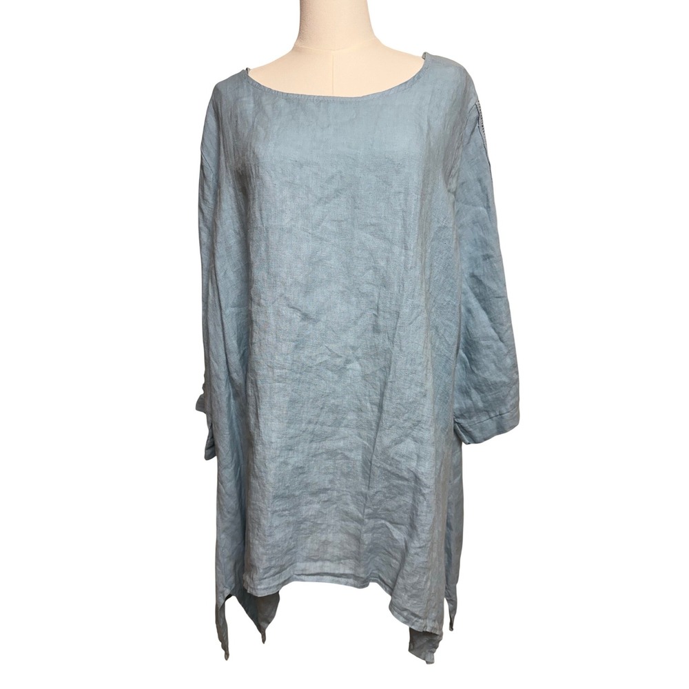 Valentina Naldi Italy‎ Light Blue 100% Linen Eyelet Tunic Top 2X ART.22088P